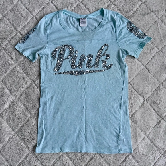 Victoria's Secret PINK | Short Sleeve Seafoam Bling Tee Shirt | Size Medium - Picture 2 of 11